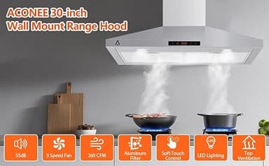 Range Hood 30 inch Wall Mount with 265 CFM,Ducted/Ductless Range Hood Stainless Steel with Touch Control 3 Speed Exhaust Fan, Adjustable Chimney & LED Light, Silver - Image 5