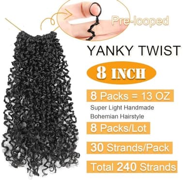 Aksice Pre-looped Yanky Twist Crochet Hair 8 Inch 8 Packs Bohemian Passion Twist Spring Mini Twist Crochet Hair for Black Women Boho Crochet Braids Synthetic (1B#) - Image 2