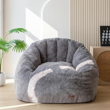 MAXYOYO Giant Bean Bag Chair, Oversized Bean Bag Couch for Adults and Kids, Faux Fur Shell-Shaped Large Chair with Filler, Stuffed Big Accent Sofa Lounge Floor Sofa for Gaming, Reading, Dark Grey - Image 1
