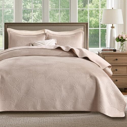 DEVIONIX Velvet Quilt Queen Size, 3-Piece Lightweight Soft Summer Quilt Bedding Set, Breathable Light Taupe Bedspread with Pillow Shams, Luxury Ultrasonic Leaf Pattern Coverlet for All Season - Image 1