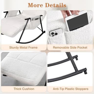 VECELO High Back Nursery Rocking Chair with Foot Rest, Teddy Upholstered Reclining Glider Rocker, Comfy Armchair Padded Seat Removable Side Pockets for Living Room, Bedroom, Balcony, White - Image 6