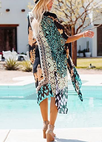 CHICGAL Swimsuit Coverup for Women Kaftan Pattern Beach Blouse Plus Size Summer Boho Kimonos(01-Orange Blue Multielement Puzzle,L) - Image 6