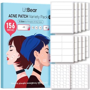 LitBear Large Pimple Patches, 5 Sizes 156 Patches Big Acne Patch, 60 XL Hydrocolloid Patch for Full Face, Forehead, Chin, Nose, Body, Back, Neck & Chest, Stirp, Square Large Hydrocolloid Bandages - Image 1