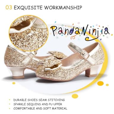 PANDANINJIA Girls Dress Shoes Toddler Heels Ruby Bow Mary Jane Low Heels Flower Girl Party Pumps Wedding Princess Shoes for Toddler/Little Kid/Big Kid (Gold Sequin, 1 M US Little Kid) - Image 4