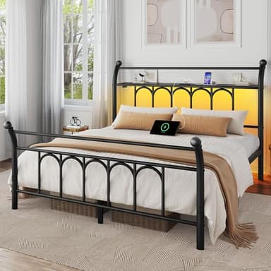 Rolanstar Full Bed Frame with USB Charging Station, LED Bed Frame with Storage Headboard, Black Metal Platform Bed with Sleigh Headboard and Footboard, No Box Spring Needed, Noise Free - Image 1