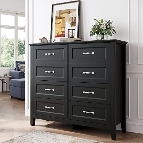 LINSY HOME 8 Drawers Dresser for Bedroom, Black Wood Dresser with Metal Handle, Farmhouse Tall Chest of Drawers with 1 pcs Fabric Divider Organizer, Storage Organizer for Living Room, Closet, Hallway - Image 1