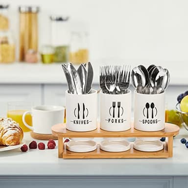 Fasmov Flatware Holder, 3 Pack Silverware Caddy with Bamboo Rack, Utensil Holder Ceramic Flatware Caddy White Ceramic Cutlery Organizer for Forks, Spoons, Knives - Image 7