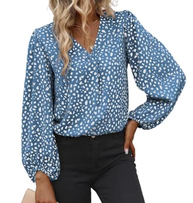 Womens Blouse with Stretch Long Sleeve Work Shirts Leopard Print Chiffon Tops V Neck Loose Business Shirts Large,Blue White - Image 1