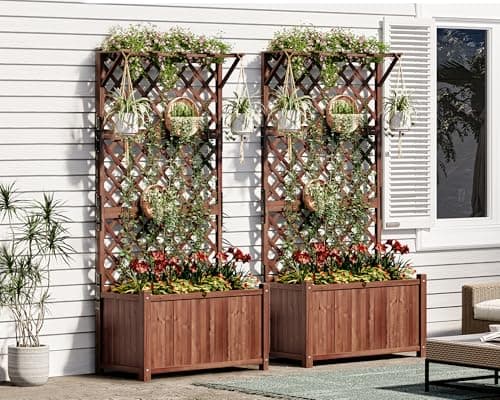 AMERLIFE 2 Piece Set 35.4x17.7x72 inch Raised Garden Bed with Trellis, Planter Box for Climbing Plants Vegetables, Planters with Drainage Holes