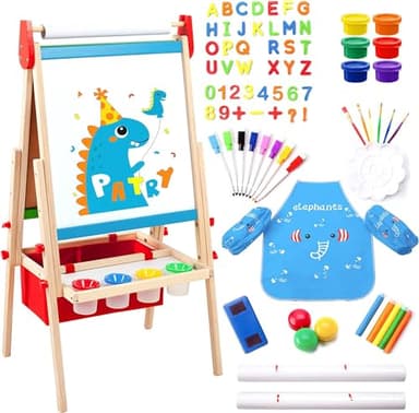 Kids Easel Including 100+ Accessories, Double Sided Wooden Easel for Kids - Magnetic Chalkboard & Painting Board & 2 Paper Rolls, Art Easel Supplies for Toddlers 3-8 Height Adjustable - Image 1