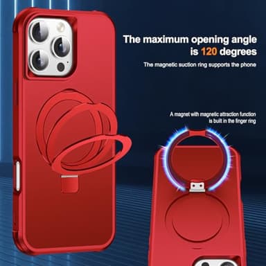 SKYLMW Compatible with iPhone 16 Pro Case with Invisible Magnetic O-Ring Stand Military-Grade Case for iPhone 16 Pro 6.3" [Compatible with Mag-Safe][Great Grip Feeling], Red - Image 9