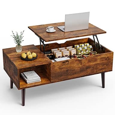 Sweetcrispy Coffee Table, Lift Top Coffee Tables for Living Room, Small Rising Wooden Dining Center Tables with Storage Shelf and Hidden Compartment, Brown - Image 1
