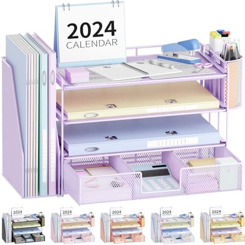 OPNICE Desk Organizer and Accessories, 4-Tier Desktop File Organizer with Drawer and 2 Pen Holders, Office Desk Accessories for Office Supplies(Purple) - Image 1