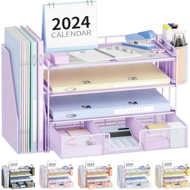 OPNICE Desk Organizer and Accessories, 4-Tier Desktop File Organizer with Drawer and 2 Pen Holders, Office Desk Accessories for Office Supplies(Purple) - Image 1