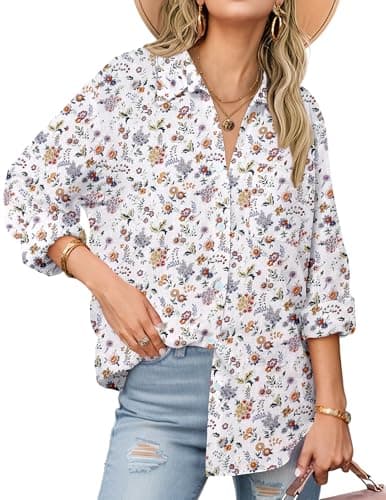 Zeagoo Cotton Button Down Shirts for Women Summer Linen Blouses Long Sleeve Patterned Tops White Floral - Image 1