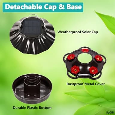 Solar Hummingbird Feeder for Outdoors Hanging, Lighted Lantern with RGB Lights, Hand Blown Glass, 28 fl.oz, Leak Proof & Rustproof, Metal Cover with 5 Feeding Ports, Spiral Shaped, Teal - Image 7