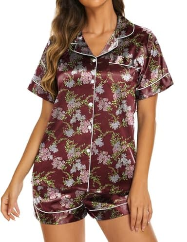 Ekouaer Silk Pajamas Set for Women 2 Piece Short Sleeve Pjs Button Up Satin Top and Shorts Sleepwear Set,Floral Wine,Large - Image 3