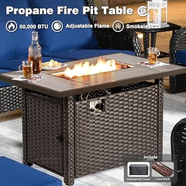 ovios 7-Pieces Patio Furniture Set with 42 Inch Fire Pit Table Swivel Chairs, Outdoor Wicker Sofa Couch Gliders Rocker, Modern High Back Conversation Set, Brown Rattan, Navy Blue - Image 6