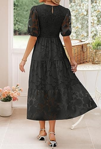 ZESICA Women's 2025 Summer Short Puff Sleeve Crewneck Smocked Floral Lace Flowy A Line Tiered Maxi Dresses,Black,XX-Large - Image 4