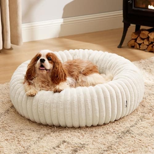 Bedsure Donut Medium Dog Bed - Washable Faux Fur with Corduroy Fleece & Anti Slip Bottom, Round Pet Bed with Removable Cover, Cream, 30x30x8 inches - Image 1