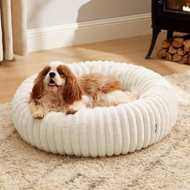 Bedsure Donut Medium Dog Bed - Washable Faux Fur with Corduroy Fleece & Anti Slip Bottom, Round Pet Bed with Removable Cover, Cream, 30x30x8 inches - Image 1