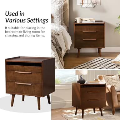 HULALA HOME 2 Drawer Nightstand with Charging Station, Mid-Century Modern Bedside Tables with Wood Legs, Wood Night Stand with Pull-Out Shelf Set of 2, Walnut - Image 6