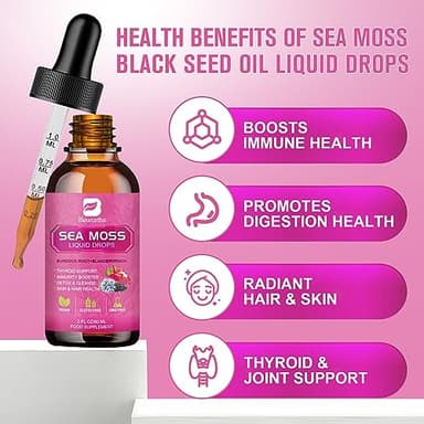B BEWORTHS Sea Moss Liquid Drops - Organic Black Seed Oil Irish Sea Moss Gel with Burdock Root, Bladderwrack, Elderberry, Vitamin C, D3, 6X Stronger Seamoss Gel for Digestive, Hair Health - Vegan - Image 3