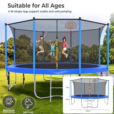 Upgraded 16FT 15FT 14FT 12FT 10FT 8FT Trampoline Outdoor with Basketball Hoop and Net, Capacity for 4-6 Kids and Adults - Image 5