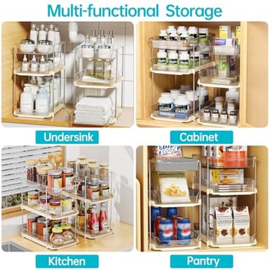 Delamu 2 Pack 3-Tier Bathroom Under Sink Organizers and Storage, Multi-Purpose Stackable Pantry Organization and Storage, Pull Out Clear Kitchen Bathroom Cabinet Organizer with Movable Dividers, Beige - Image 6