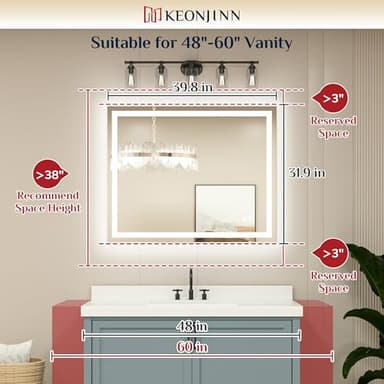 Keonjinn 40 x 32 Inch LED Bathroom Mirror with Lights, Bighter Frontlit & Backlit Vanity Mirror with Stepless Dimmable 3-Color, Anti-Fog Mirror for Wall, HD Tempered Glass, Memory Founction, CR90+ - Image 6