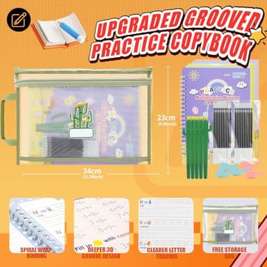 Upgraded Large Size Magic Practice Copybook for Kids, Reusable Grooved Handwriting Practice Book for Preschool Kids Age 3-8 Calligraphy with Catus Pens & Storage Bag (5PCS 7.3 * 10.3 inch) - Image 2