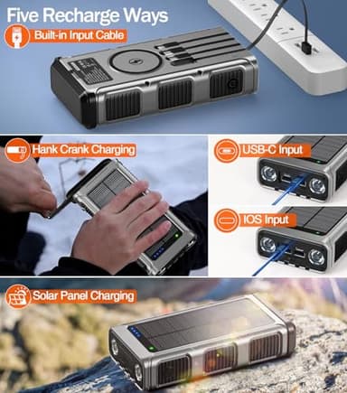 GOODaaa Power Bank Wireless Charger 45800mAh Built in Hand Crank and 4 Cables 15W Fast Charging Power Bank 7 Outputs & 4 Inputs Solar Portable Charger, SOS/Strobe/Strong Flashlights, Compass - Image 5