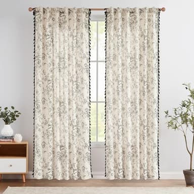 JINCHAN Linen Blend Curtains Floral Curtains for Living Room 84 Inches Long Printed Curtains with Tassels Rod Pocket Farmhouse Rustic Peony Flower Patterned Drapes Bedroom Window Curtains Set 2 Panels - Image 2