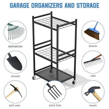 DAOUTIME Garden Organizer With Wheels, Yard Tower Rack for Garage Storage, Up to 35 Long-Handled Tools, Sturdy Metal Steel Holder With 3 Hooks, Outdoor, Black - Image 5