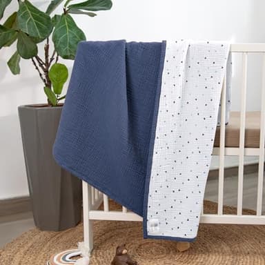 lulumoon Muslin Baby Blanket - Cotton Quilt Blankets for Toddlers - Reversible Nursery Crib Blanket for Baby Boys and Girls 47"x47"(Blue) - Image 3