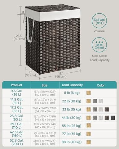 SONGMICS Laundry Hamper with Lid, 23.8 Gallon (90 L) Synthetic Rattan Clothes Laundry Basket with Lid and Handles, Foldable, Removable Liner, Chestnut Brown ULCB051K02 - Image 3