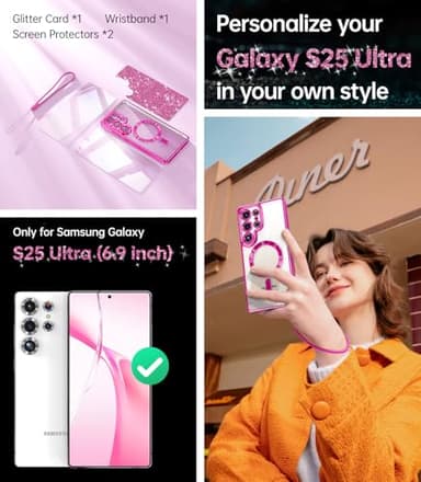 Meifigno Case Designed for Samsung Galaxy S25 Ultra 6.9 inch, [Compatible with MagSafe] [2X HD Screen Protectors] [Glitter Card & Wrist Strap] Full Lens Protection Case for Galaxy S25 Ultra, Hot Pink - Image 6