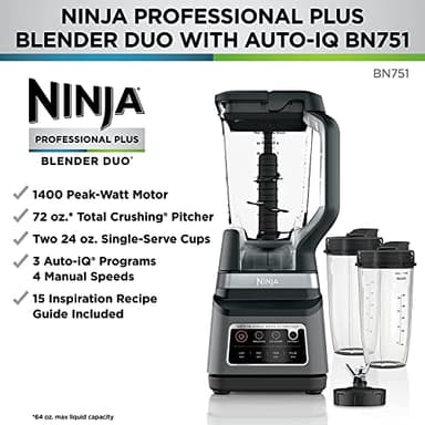 Ninja BN751 Professional Plus DUO Blender, 1400 Peak Watts, 3 Auto-IQ Programs for Smoothies, Frozen Drinks & Nutrient Extractions, 72-oz. Total Crushing Pitcher & (2) 24 oz. To-Go Cups, Black - Image 3