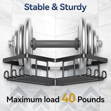 YASONIC Corner Adhesive Shower Caddy, with Soap Holder and 12 Hooks, Rustproof Stainless Steel Bathroom Organizer, No Drilling Wall Mounted Rack, Black, 3-Pack - Image 4