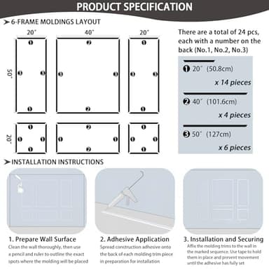 Lunghaa 6-Frame Premade Accent Wall Molding Kit, Ready-to-Assemble Wainscoting Panels, Pre-Cut Chair Rail Moulding Trim for Home Décor - Image 3