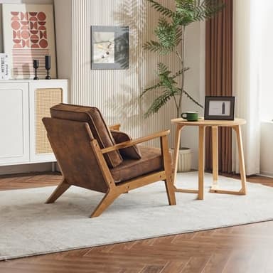 Karl home Accent Chair Wide Armrest Mid-Century Lounge Chair Bronzing Cloth Armchair with Lumbar Pillow & Solid Wood Frame for Living Room, Bedroom, Balcony, Brown - Image 6