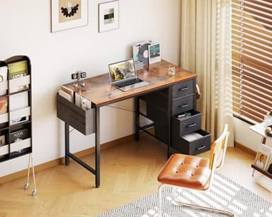 Casaottima 32-Inch Small Computer Desk with 4 Fabric Drawers — Home Office Desks with Storage, Writing Desk with Side Hook and Cloth Bag, Modern Study/Work Table for Bedroom and Small Space, Vintage - Image 2