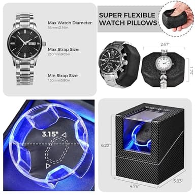 ANWBROAD Watch Winder for Automatic Watches, 4 Modes Automatic Single Watch Winder with Next Gen LED Crystal Design, Rotating Watch Case with Super Quiet Motor, Type-c Adapter or Battery Powered - Image 7