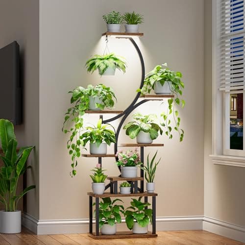 Plant Stand Indoor with Grow Lights - 62" Tall Plant Shelf, Lighted Corner Plant Stands for Indoor Growing, 8 Tiered Large Flower Holder, S-Shaped Decorative Rack for Living Room, Black, Patent Design - Image 1