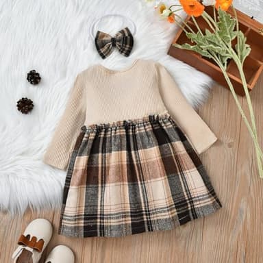 PATPAT Baby Girl Dress Newborn Infant Girls Long Sleeve Fall Ribbed Flannel Dress Toddler Suspender Dress with Bowknot Headband Khaki 6-9 Months - Image 4