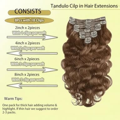 Tandulo Clip in Hair Extensions Real Human Hair Body Wave 30 Auburn Ginger Clip in 100% Brazilian Remy Human Hair Extensions 8pcs Per Set with 18 Clips Double Weft 18 Inch 100g/3.6oz - Image 4