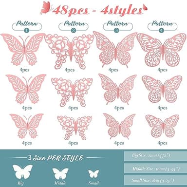 3D Pink Butterfly Wall Decor 3 Sizes 4 Styles Butterfly Party Decorations Cake Decorations Removable Stickers Wall Decor Room Mural Metallic Kids (Pink, 48Pcs) - Image 2