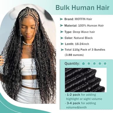 Human Braiding Hair for Boho Braids Human 110g 20 Inch Curly Boho Hair for Braiding Knotless 12A Deep Wave Bulk Bohemian 3 Bundles/Pack Natural Color - Image 7