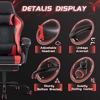 Shahoo Gaming Chair with Footrest and Massage Lumbar Support, Ergonomic Computer Chairs 360°Swivel and Height Adjustable Seat with Headrest for Office or Bedroom, Study Room, Red - Image 7