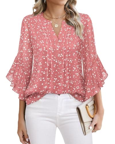 Timeson Womens Dressy Tops: 3/4 Sleeve - Work Blouses for Women - Shirts for Women Dressy Casual Fall Cute Ladies Business Attire Chiffon Professional Office Outfits Polyester Tunics Spotted Pink XL - Image 1